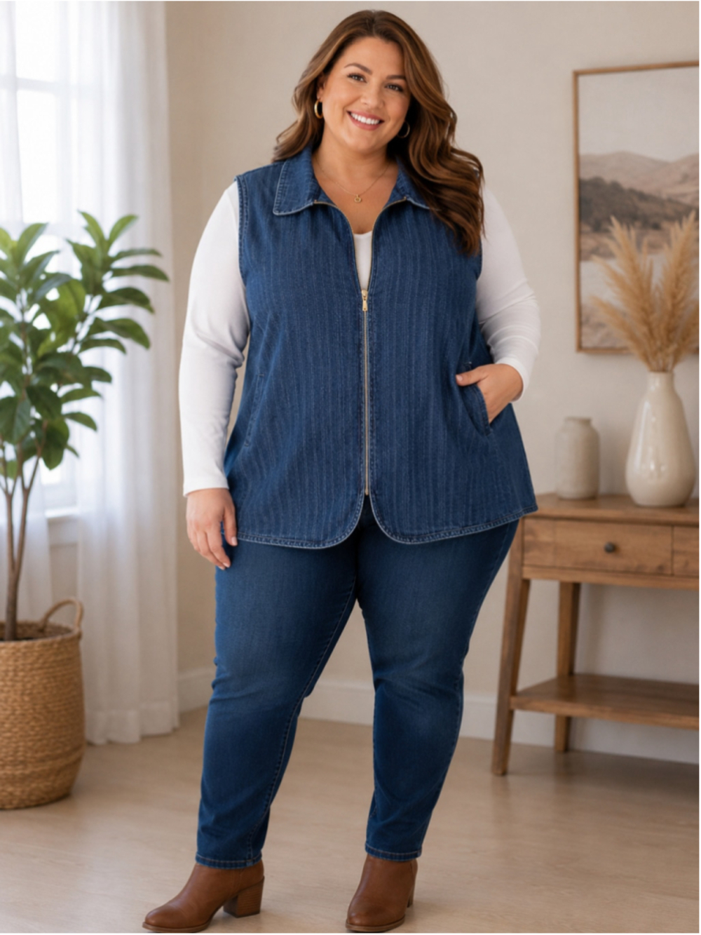 Allison's Daily Denim Vest Women's Plus Size Zip Front Sleeveless Blue Jean Vest